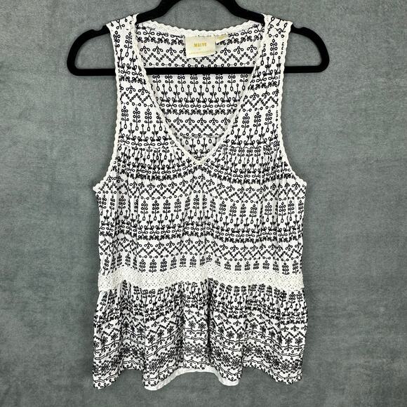 Maeve Tops - Maeve Top Womens Large Black White Embroidered Peplum Flowy Boho Beachy Loose